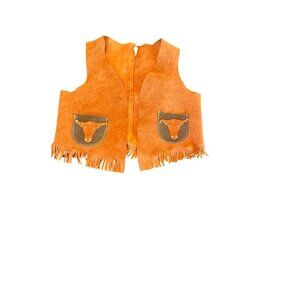 Kids Faux Suede Fringe Vest Longhorn Pocket‎ Details Western Size M Orange-Brown